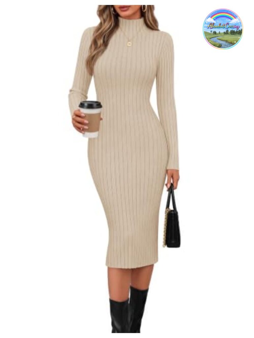 Ribbed Knit Bodycon Midi Sweater Dress Long Sleeve Mock Neck Ruffle